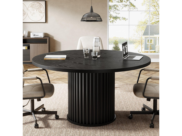 47' Round Conference Table, Black Meeting Table for 4-6 People Small Office Desk with Sturdy MDF + Metal Base, Perfect for Conference Room or...