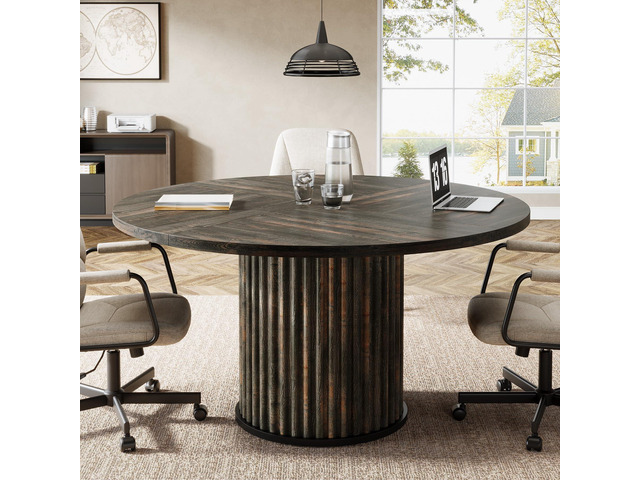 47' Round Conference Table, Brown Meeting Table for 4-6 People Small Office Desk with Sturdy MDF + Metal Base, Perfect for Conference Room or...