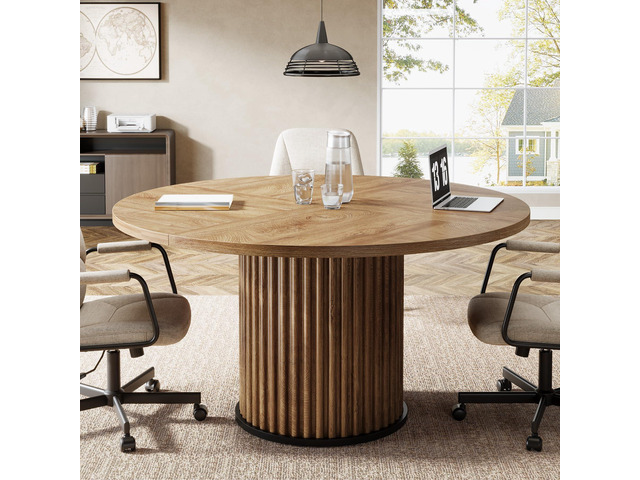 47' Round Conference Table, Brown Meeting Table for 4-6 People Small Office Desk with Sturdy MDF + Metal Base, Perfect for Conference Room or...