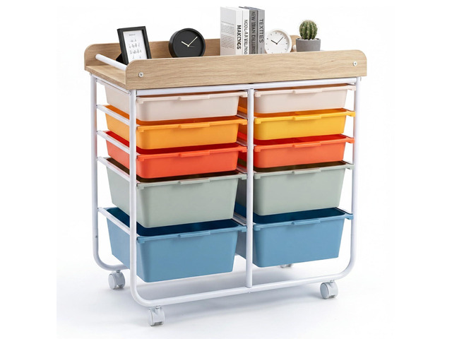 Rolling Cart with Drawers, 10 Drawer Rolling Storage Cart with Wooden Tabletop, Metal Frame & Lockable Wheels, Craft Organizers and Storage for...