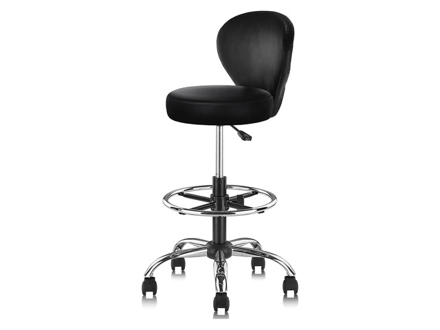 Black PVC Faux Leather Drafting Chair Rolling Swivel Salon Stool Seat Adjustable Height 36 Inch with Back Support Foot Rest Hydraulic Wide Seat for...