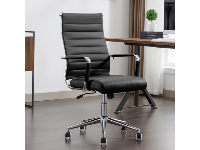 Office Desk Chair Leather, Conference Room Chairs with Wheels, Executive Modern High Back Ergonomic Swivel Rolling Ribbed Computer Chair