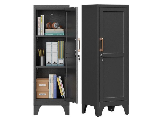 46'H Black Metal Locker with 1 Lockable Door and 2 Adjustable Shelves For Employees, 3 Tier Small Storage Cabinet with Detachable Legs and Vintage...