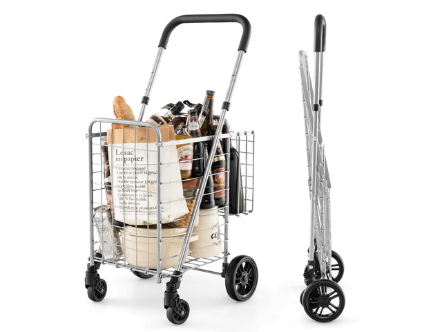 Folding Shopping Utility Cart, Double Basket and 360° Swivel Wheels, Adjustable Handle, Small Cart Perfect for Grocery Laundry Book Luggage Travel