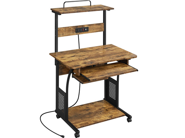 3 Tiers Rolling Computer Desk with Power Outlet and USB Ports for Space Saving, Home Office Desk with Keyboard Tray and Printer Shelf on Wheels,...