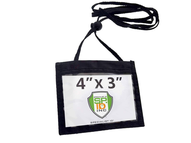 5 Pack - Nylon Neck Wallet Badge Holder with Lanyard - 4 X 3 Credential & Travel Badge Holder with 3 Pockets - Clear Plastic 4X3 Horizontal Window,...