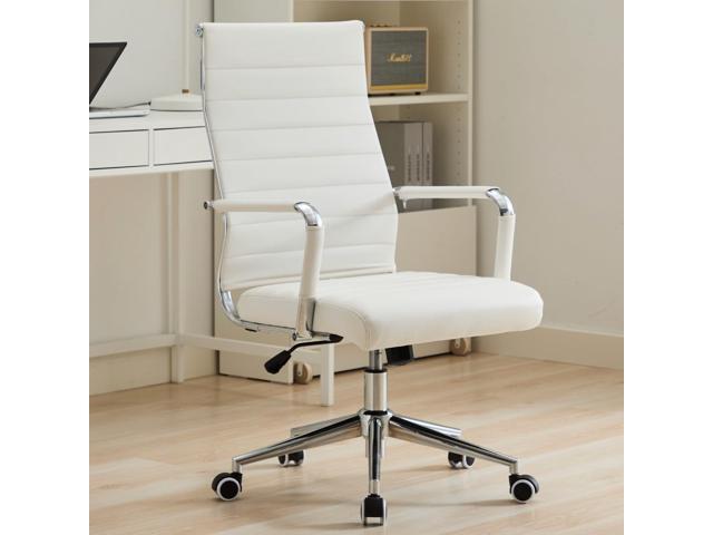 Office Desk Chair Leather, Conference Room Chairs with Wheels, Executive Modern High Back Ergonomic Swivel Rolling Ribbed Computer ChairWhite