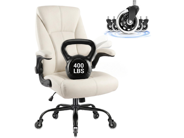 Big and Tall Office Chair for Heavy People, 400LBS High Back Extra Wide Executive PU Leather Office Chair with Flip-Up Armrests, Quiet Rubber...