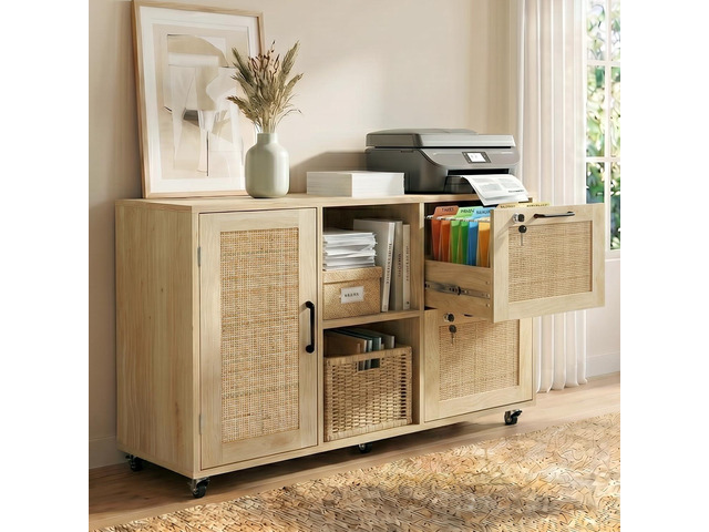 2 Drawer File Cabinet with Lock, Small Rattan Wood Rolling Office Storage for Under Desk Home Office