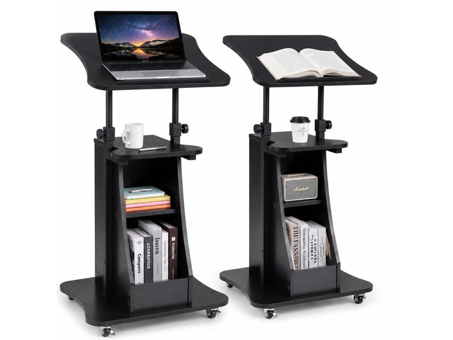 2PCS Sit to Stand Mobile Lectern Teacher Podium Portable Height Adjustable Podium Stand Rolling Laptop Desk Cart with Storage Shelf Swivel Top for...