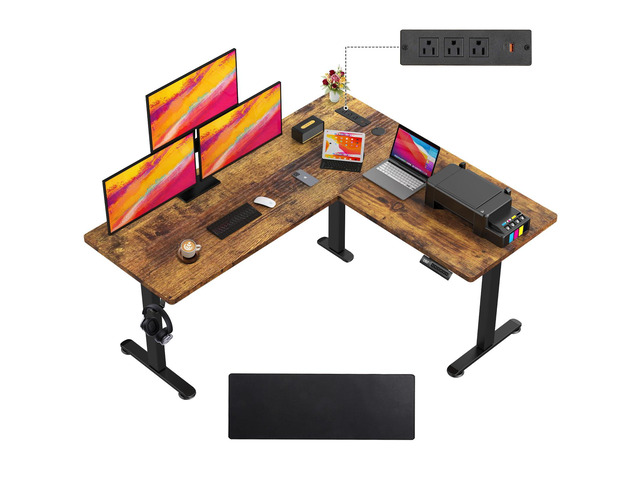 63x55 Inch L Shaped Standing Desk with Outlets, Electric Adjustable Height Stand Up Desk, Corner sit Stand Desk with Mouse Pad, Hook, Home Office...