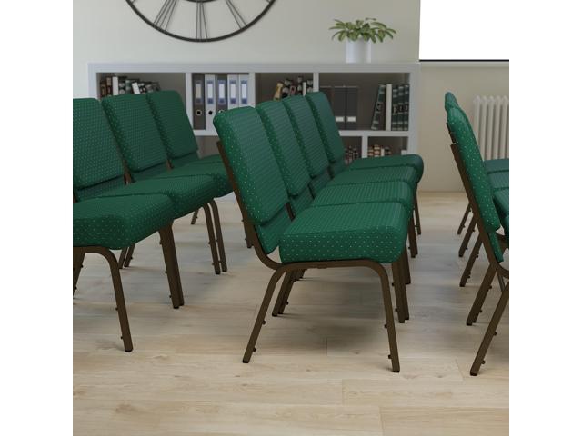 Hunter Green Patterned Fabric 21' W Stacking Church Chair Gold Vein Frame, Fabric Upholstery
