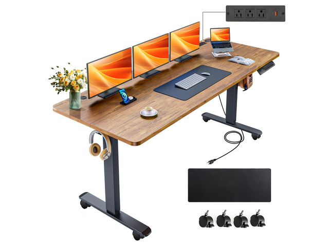 Electric Standing Desk 63 x 24In with Power Outlets,Rolling Stand up Desk with Mouse Pad,Wheels2 USB Ports & 3 Power Outlets, 4 Caster, 4 Preset...