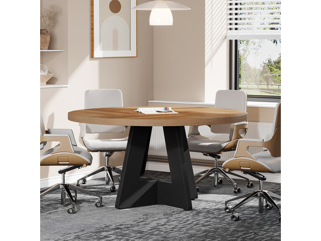 47-Inch Round Conference Table for 4-6 People, Wooden Meeting Room Table with Thicken Tabletop and Wood Base (Black Brown)