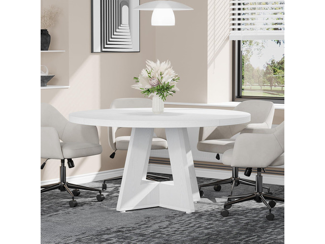 47-Inch Round Conference Table for 4-6 People, Wooden Meeting Room Table with Thicken Tabletop and Wood Base, Modern Meeting Training Desk for...
