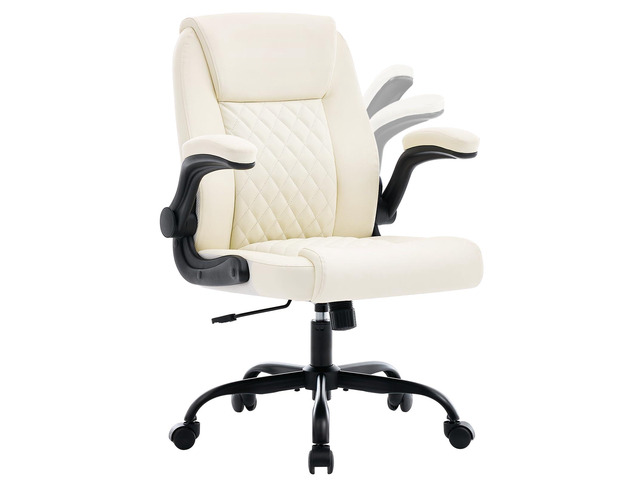 Executive Office Chair with Lumbar Support & Flip-up Arms, Beige Ergonomic Desk Chair, 90115° Tilt & Rocking, 20.1' Wide Seat, PU Leather, for...