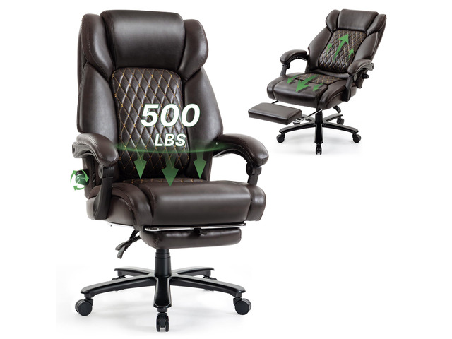 500LBS Reclining Executive Office Chair with Retractable Footrest, Brown Adjustable Lumbar Support, for Big and Tall People, Leather, Manager...