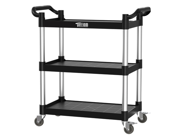 3-Tier Plastic Service Utility Cart with Wheels, Heavy Duty 390lbs Capacity, Commercial Rolling Ideal for Restaurant, Foodservice, Office,...