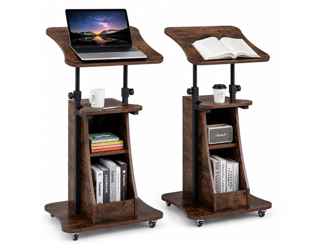 2PCS Sit to Stand Mobile Lectern Podium Stand Rustic Brown Rolling Laptop Desk Cart with Shelves, Swivel Top, Height Adjustable, for Classroom...