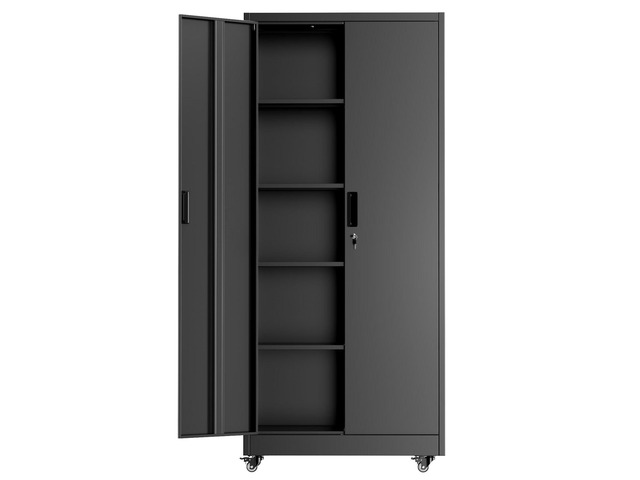 73' H Metal Storage Cabinet with Wheels, Locking Doors and Adjustable Shelves, Black Rolling Steel Tool Cabinet for Home Office, Garage, Warehouse