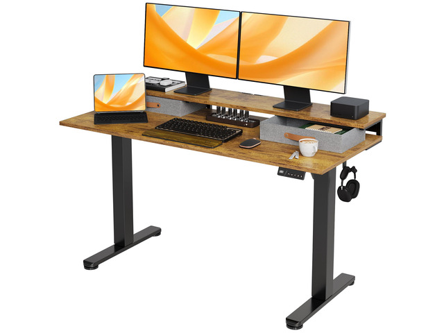 Electric Standing Desk with 2 Drawers, 55 Inch, Rustic Brown Adjustable height desk with 2 drawers, open cubicle, monitor shelf, cable...