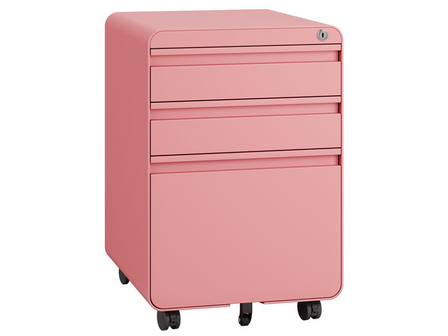 3 Drawer Metal Rolling File Cabinet Under Desk Filing Cabinet Pink 16'W x 18'D x 24'H, Lockable, 5 Wheels, Fully Assembled, Letter/Legal Size,...