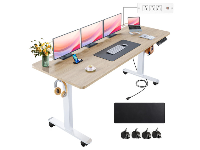Electric Standing Desk 63 x 24In with Power Outlets, Adjustable Height Stand up Desk with Large Mouse Pad, Double Hooks and 4 Wheels, 27''-46''...