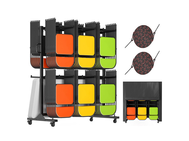 Folding Chair Rack and Table Cart for 12 Tables or 84 Chairs Heavy-Duty Folding Chair Cart with 1100 LBS Capacity, Wheels, 2 Elastic Cords and...