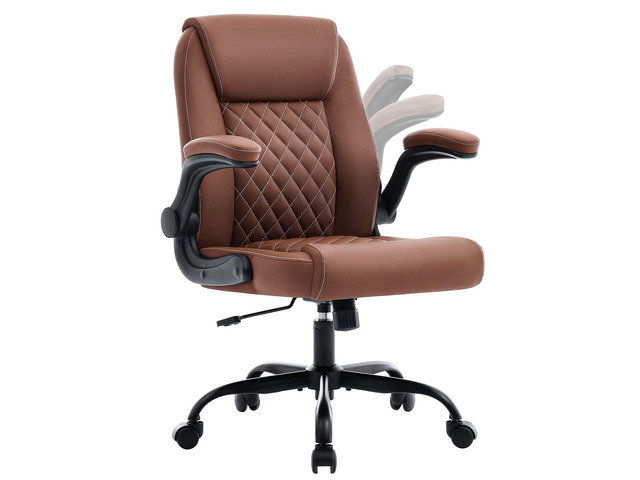 Executive Office Chair with Lumbar Support & Flip-up Arms, Brown Ergonomic Desk Chair, 90115° Tilt & Rocking, 20.1' Wide Seat, PU Leather, for...