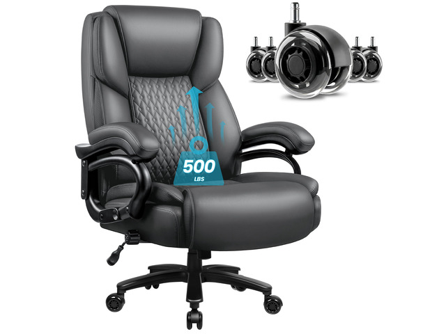 Big and Tall Office Chair 500lbs with Lumbar Support, Ergonomic Heavy Duty Black Office Chair, Leather Office Executive Chair with Quiet Rubber...