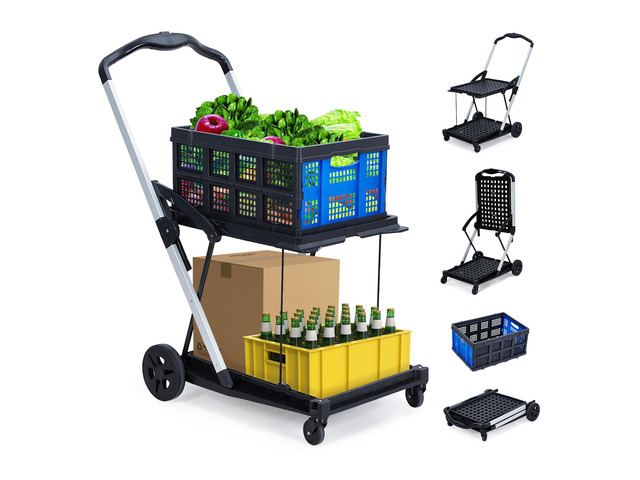 Heavy Duty 2-Tier Collapsible Garden Cart Lightweight Aluminum-PP Frame 360Â° Swivel Wheels Removable Crate for Market, Office, Travel, Home 198...