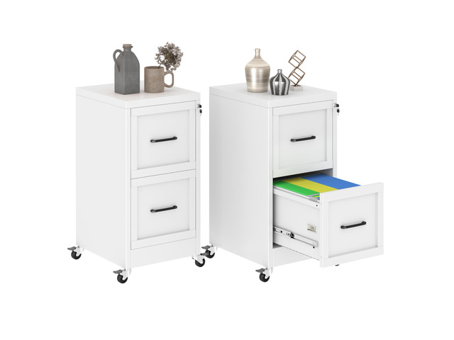 2 Drawer Mobile File Cabinet with Wheels, Locked Under Desk Cabinet Metal Filing Cabints with Lock, White Rolling File Cabinet for Home Office,...