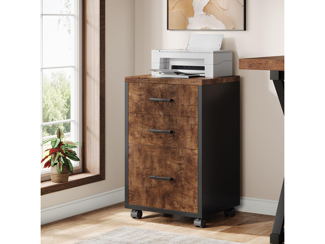 Triebsigns 3 Drawer File Cabinet, Vertical Mobile Filing Cabinet, Under Desk Rolling Printer Stand for Home Office, fits A4 or Letter Size (Brown)