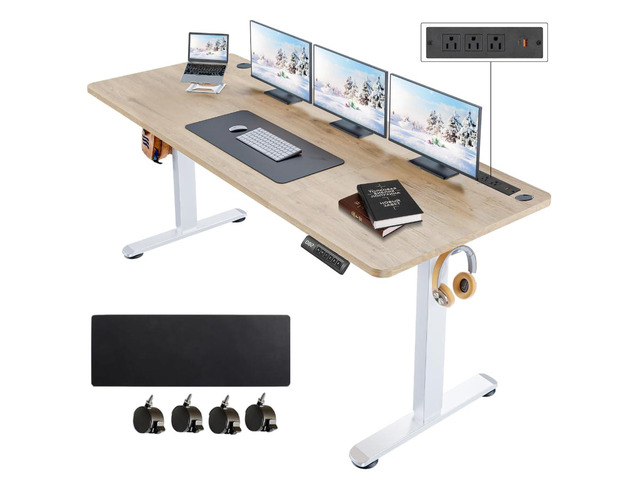 Electric Standing Desk with Power Outlets and USB-C Port, 63 x 24 Inches Adjustable Height Sit Stand Up Desk for Home Office, Adjustable Desk with...