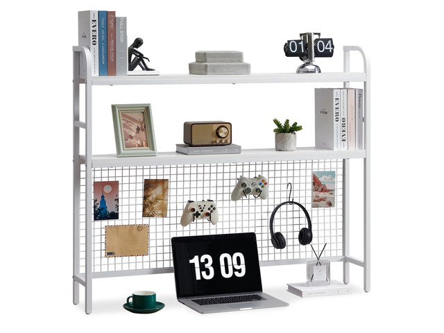 Desk Shelf, 45.3 Desktop Organizer Shelf with Grid Panel and Hooks, Desk Hutch for Computer Monitor, 2 Tier Desk Display Rack Wood Desktop...
