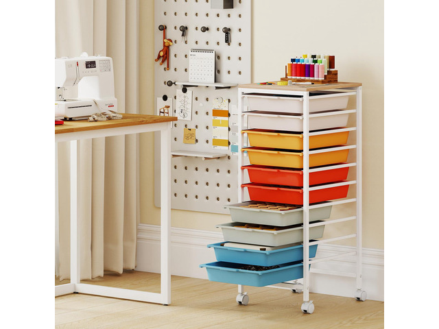 Rolling Cart with Drawers, 10 Drawer Rolling Storage Cart with Wooden Tabletop, Metal Frame & Lockable Wheels, Craft Organizers and Storage for...