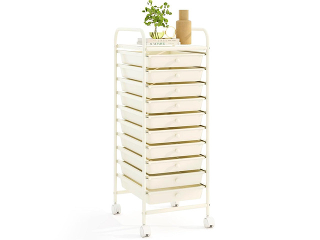 10 Drawer Rolling Cart - Slim Storage Cart w/Lockable Wheels 34'H White Metal Frame, Lockable Rolling Wheels; Classroom School Office Art Craft...