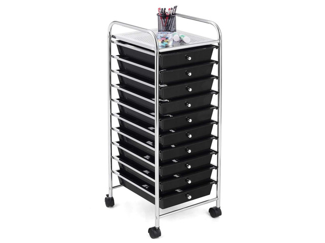 10 Drawer Slim Rolling Storage Utility Cart Black 34'H Height, Lockable Rolling Casters, Metal Frame, For Classroom Teacher Office Art Craft...