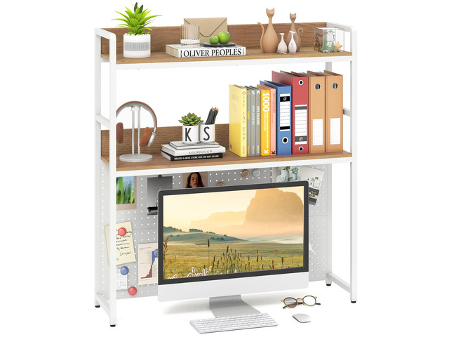 Desktop Bookshelf, 2-Tier Desk Hutch Dorm with Pegboard for up to 32' Computer Monitor, Industrial Countertop Storage Organizer Rack, Desk Shelf...