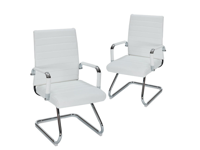 White Office Guest Chairs No Wheels Set of 2, Leather Conference Chairs Office Guest Chairs Sled Base Modern Leather Reception Chairs with Mid...