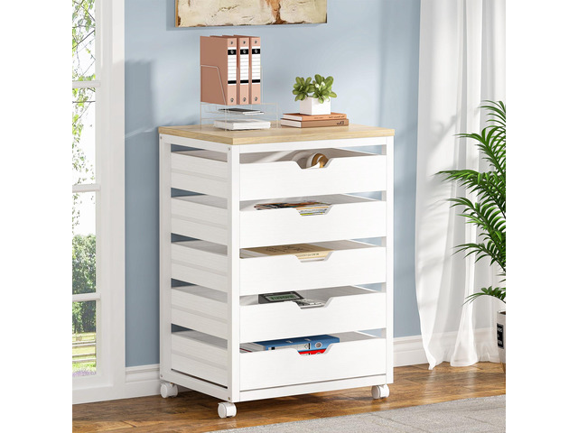 5-Drawer File Cabinet, Wood Mobile Storage, White Industrial Office Cabinet, with Wheels and Drawers, Rolling Printer Stand, Fits Home and Office