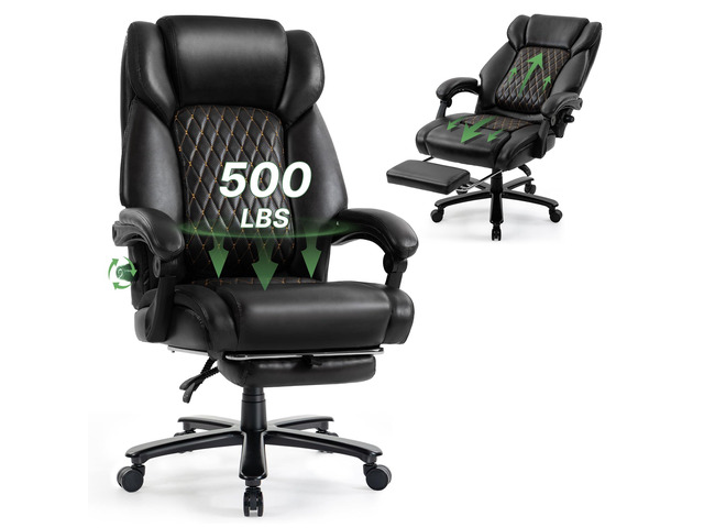 500LBS Reclining Executive Office Chair with Retractable Footrest, Black Adjustable Lumbar Support, for Big and Tall People, Leather, Manager...