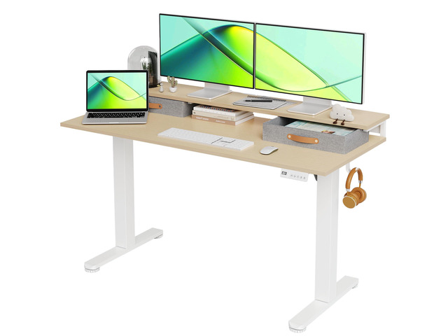 Electric Standing Desk with 2 Drawers, 55 Inch, Natural Adjustable height desk with 2 drawers, open cubicle, monitor shelf, cable management,...