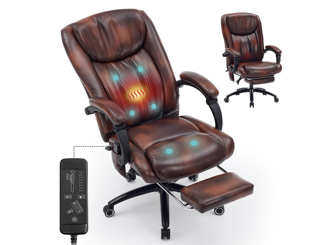 Massage Office Chair with Heat and Foot Rest, Brown 6-Point Vibration and Heat, 95Â°-135Â°Recline, 400LBS Capacity, High Back PU Leather Comfy...