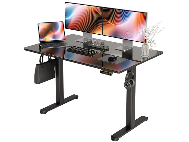 Glass Standing Desk 48x24 Inch Black Smooth Height Adjustment, Tempered Glass Top, 3 Memory Presets, Stand Up, 132 lbs Capacity, Quick Install