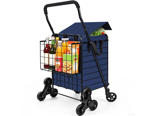 Stair Climber Grocery Cart w/Waterproof Liner & Tri-Wheels Foldable Utility Trolley, Up to 100 LBS Ideal for Groceries, Laundry, Travel