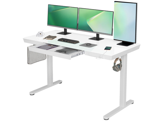 Glass Standing Desk with Drawers, 55x24 Inch, White Quick Install, Whole-Piece Glass Top, USB ports and a Type-C port, Buil in Drawers, Writable...