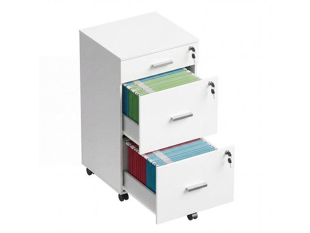3 Drawer File Cabinet with Lock & Wheels, White Wood printer stand, Mobile filing cabinets for home office, Fits Letter/A4 Size