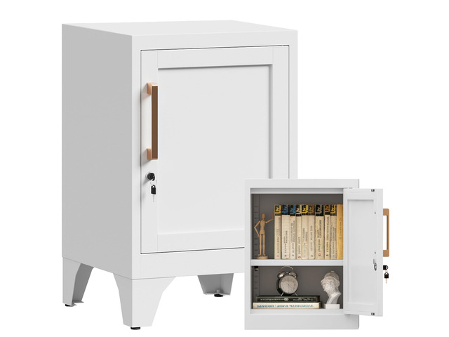 23.6' H White Metal Locker Nightstand with 1 Lockable Door and 1 Adjustable Shelf, Small Storage Cabinet with Detachable Legs and Vintage Handle...
