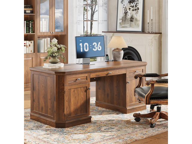59' Classic Executive Desk with Storage, Victorian Executive Desk with Charging Station, Keyboard Tray, 3 Drawers & 2 Cabinet Storage & 2...